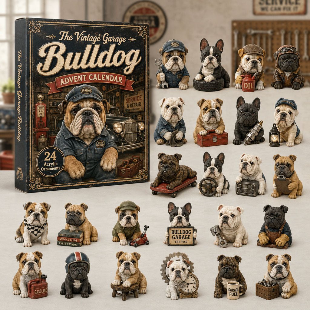 The Vintage Garage Bulldog Advent Calendar 2026 - 24-Day Festive Countdown, Acrylic Charms Blind Box - Gift For Bulldog Lovers