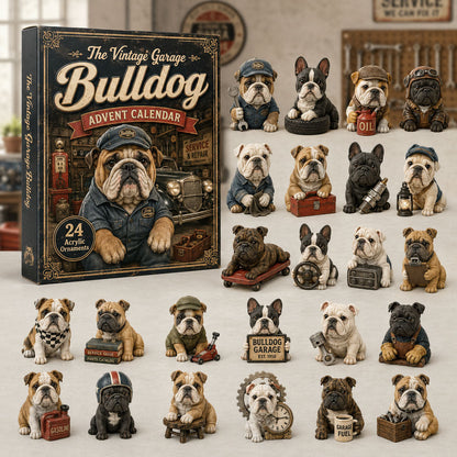 The Vintage Garage Bulldog Advent Calendar 2026 - 24-Day Festive Countdown, Acrylic Charms Blind Box - Gift For Bulldog Lovers