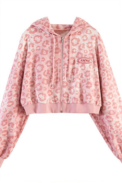 Pink Leopard Print Cropped Zip Hoodie