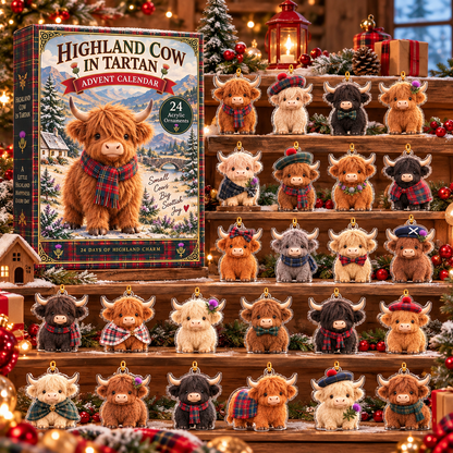 24 Days of  Highland Cow In Tartan - 2026 Advent Calendar Blind Box of 24 Ornaments