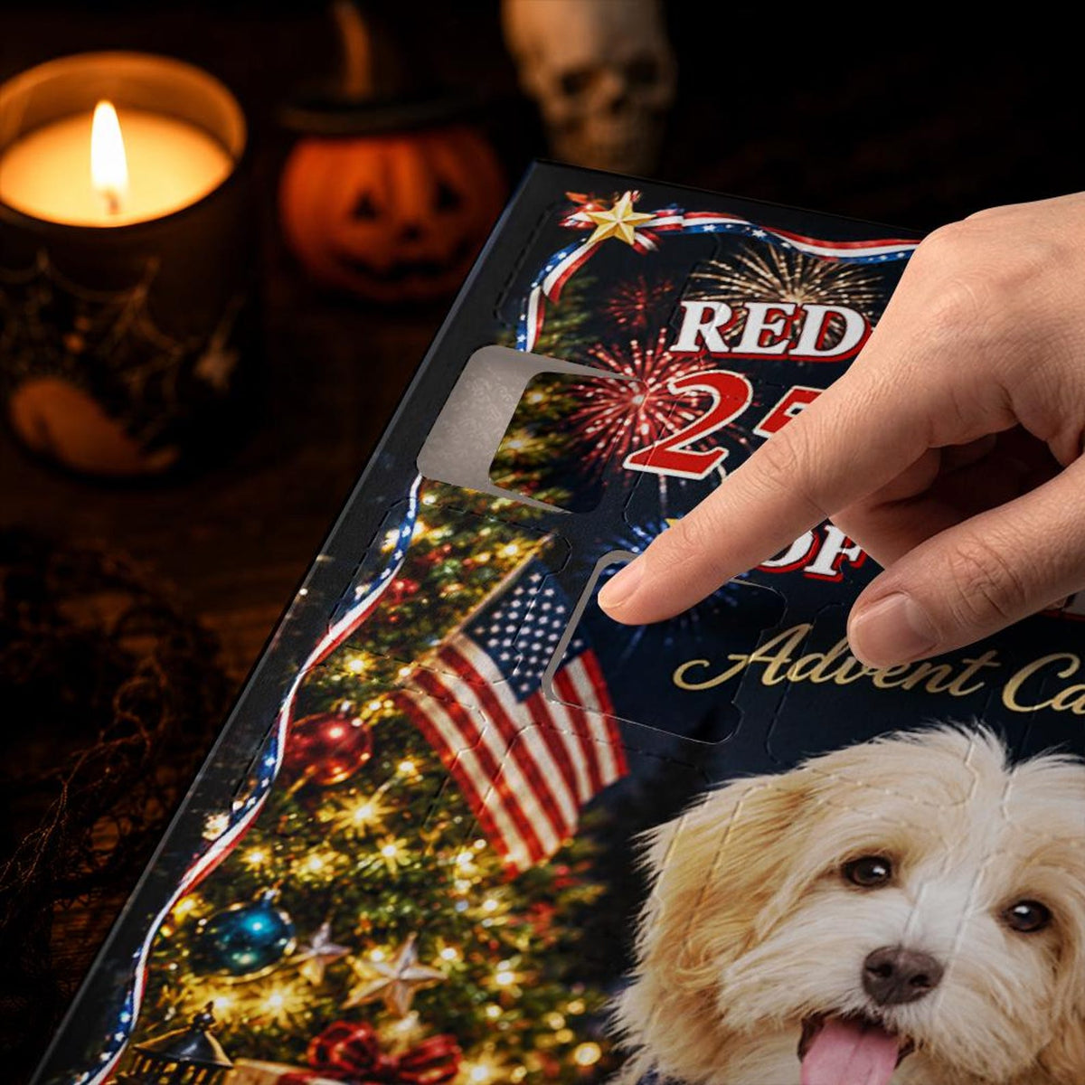 Custom Dog Advent Calendar 24 Charms, Personalized Dog Lover Xmas Gift, Patriotic 250th Pet Countdown Box, USA Holiday Decor