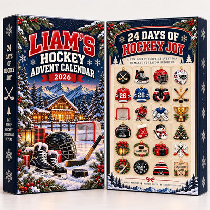Personalized Hockey Advent Calendar 2026, 24 Acrylic Ornaments, Ice Hockey Christmas Countdown, Hockey Player Gift for Kids