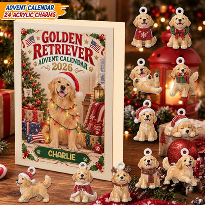 Personalized Golden Retriever Advent Calendar, 24 Acrylic Charms, Christmas Countdown Gift for Dog Lovers