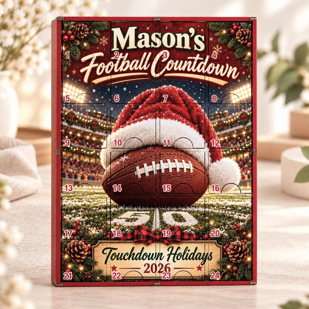 Personalized Football Advent Calendar, Custom Christmas Countdown Box with 24 Charms, Sports Gift with Photo Charms