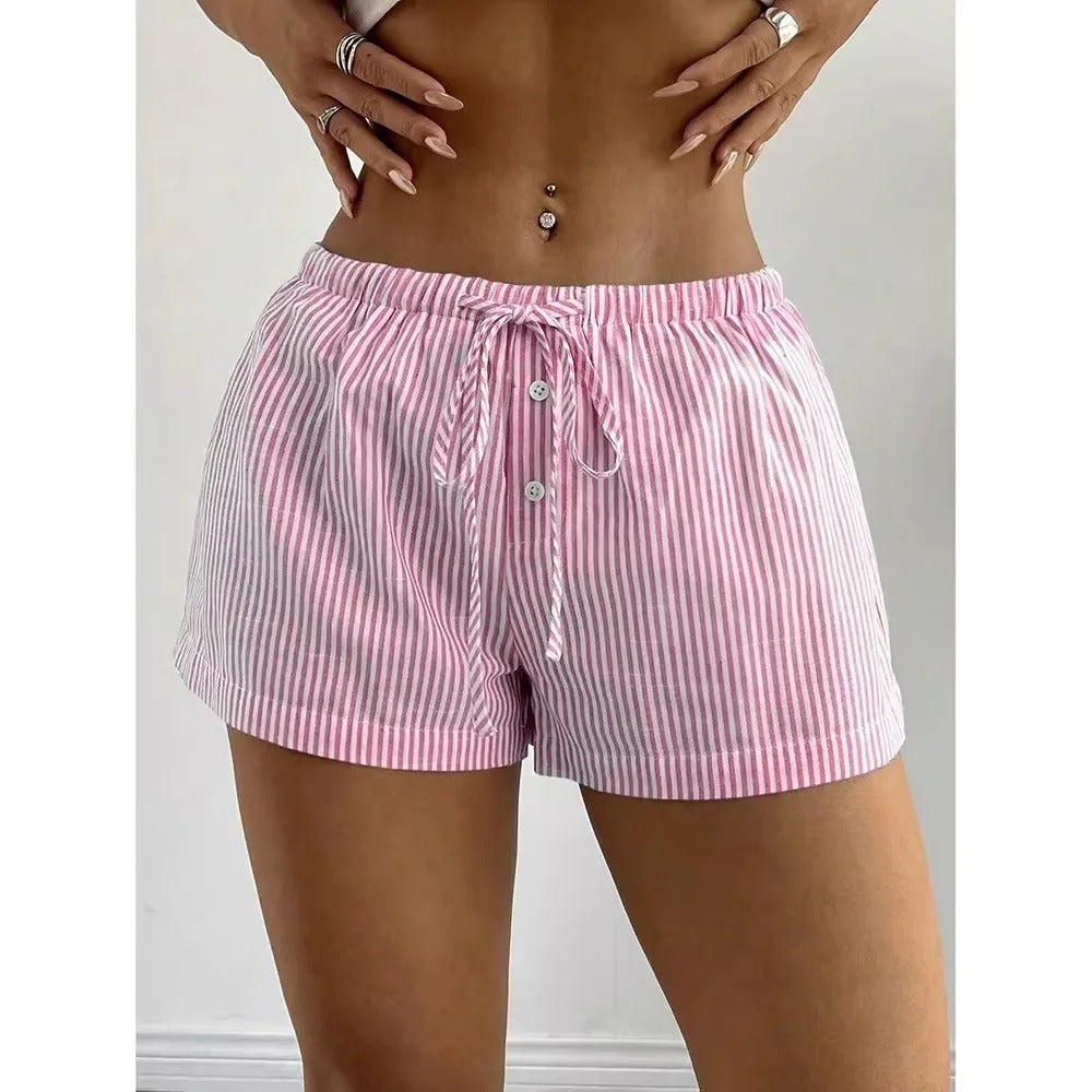 Pink Striped High-Waist Button Cotton Boxer Shorts