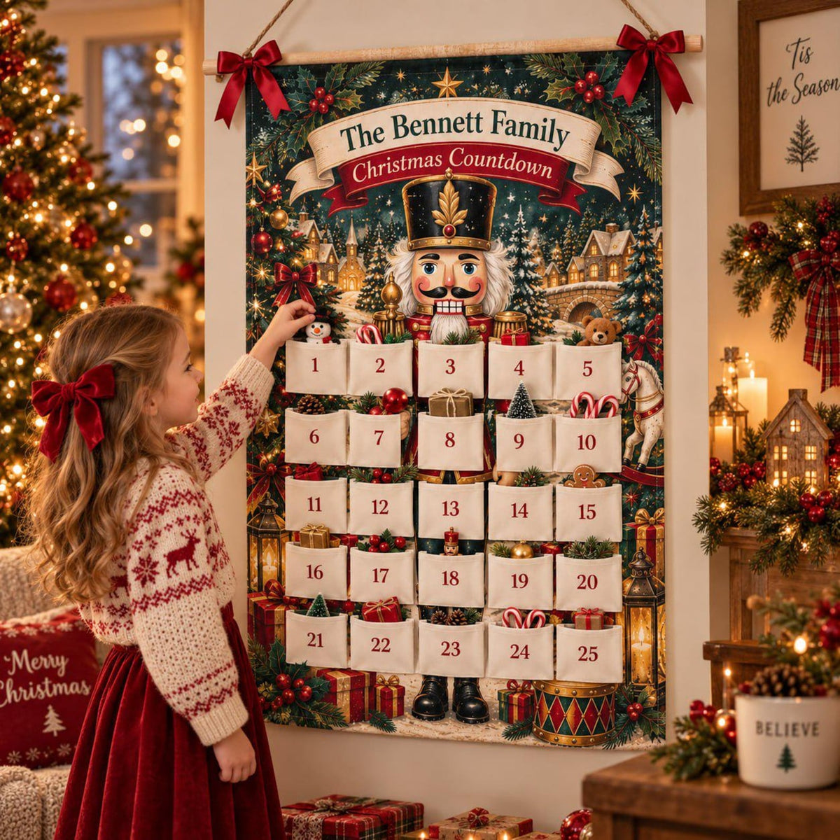 Personalized Reusable Fabric Advent Calendar, Nutcracker Christmas Countdown, Custom Family 25 Pocket Advent Calendar, Holiday Wall Decor