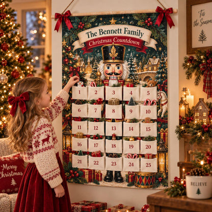 Personalized Reusable Fabric Advent Calendar, Nutcracker Christmas Countdown, Custom Family 25 Pocket Advent Calendar, Holiday Wall Decor