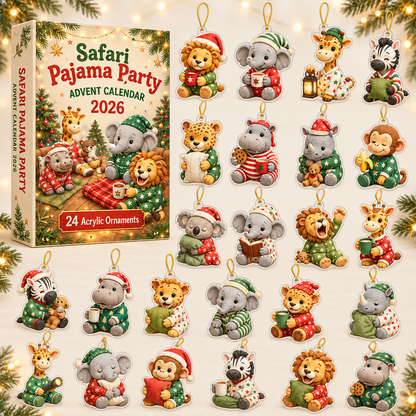 Safari Pajama Party Advent Calendar 2026 - 24-Day Festive Countdown, Acrylic Charms Blind Box - Gift For Safari Lovers