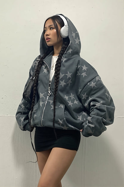 Star Print Oversize Pocket Zip Hoodie