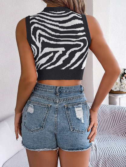 Zebra Print Color Block Hollow Out Cropped Knit Top