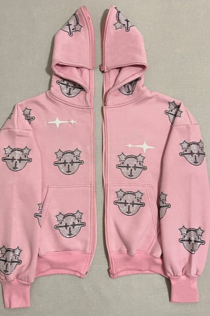 Rhinestone Graphic Full Zip Hoodie
