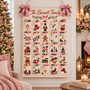 Personalized Family Advent Calendar, 25 Pocket Christmas Countdown, Custom Name Wall Hanging, Kids Holiday Gift, Pink Christmas Decor