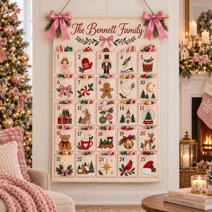 Personalized Family Advent Calendar, 25 Pocket Christmas Countdown, Custom Name Wall Hanging, Kids Holiday Gift, Pink Christmas Decor