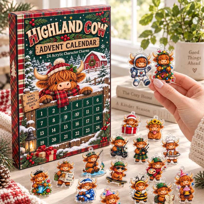 Highland Cow Advent Calendar 2026, 24-Day Christmas Countdown Box, Mini Cow Figurines, Farmhouse Holiday Decor, Cow Lover Gift
