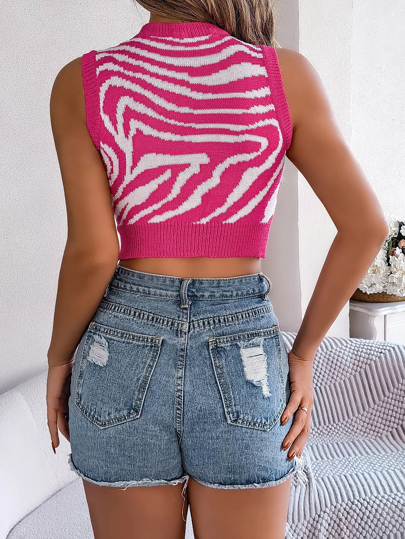 Zebra Print Color Block Hollow Out Cropped Knit Top