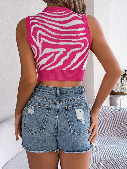 Zebra Print Color Block Hollow Out Cropped Knit Top