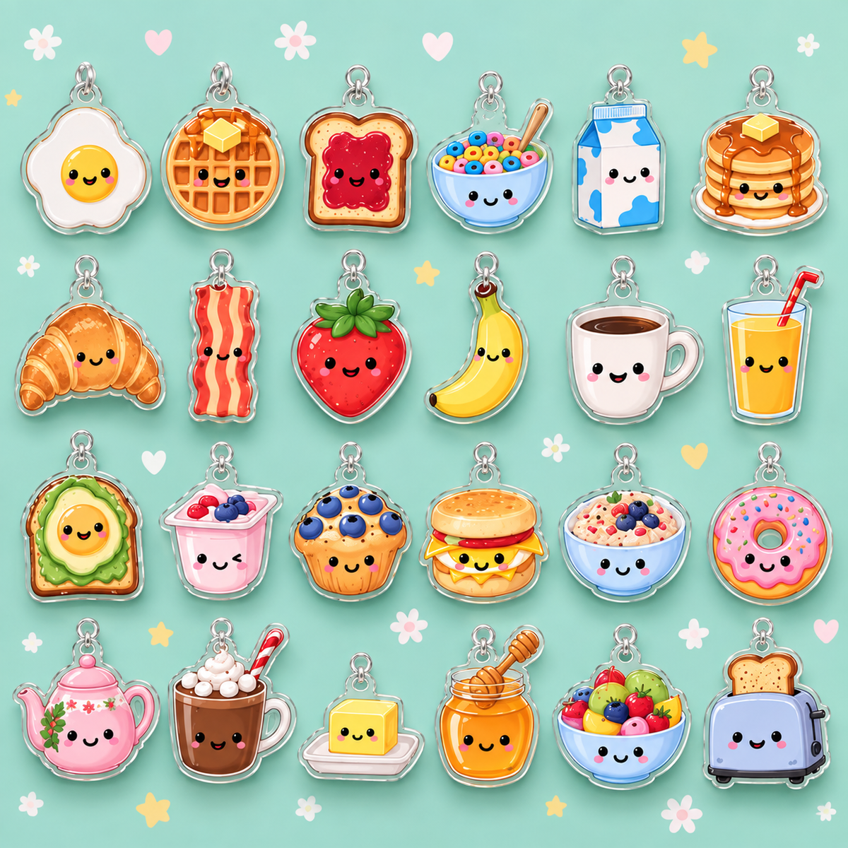 Kawaii Breakfast Advent Calendar with 24 Acrylic Charms, Cute Food 2D Christmas Ornaments, Mini Hanging Charm Set, Christmas Countdown Gift for Kids