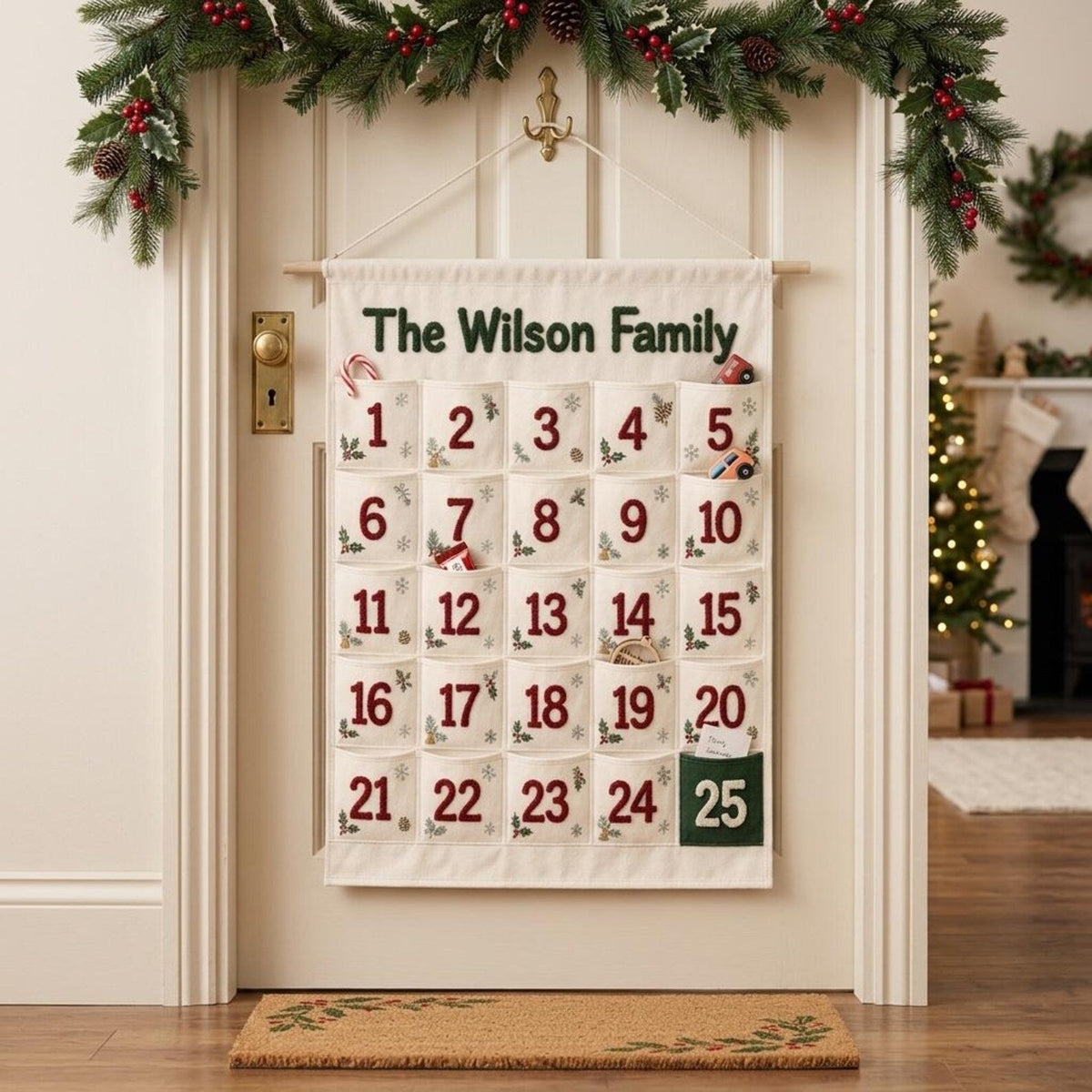 Personalized Advent Calendar for Kids - Custom Chenille Name Christmas Countdown Wall Hanging - Reusable Fabric Pocket Advent Calendar Gift