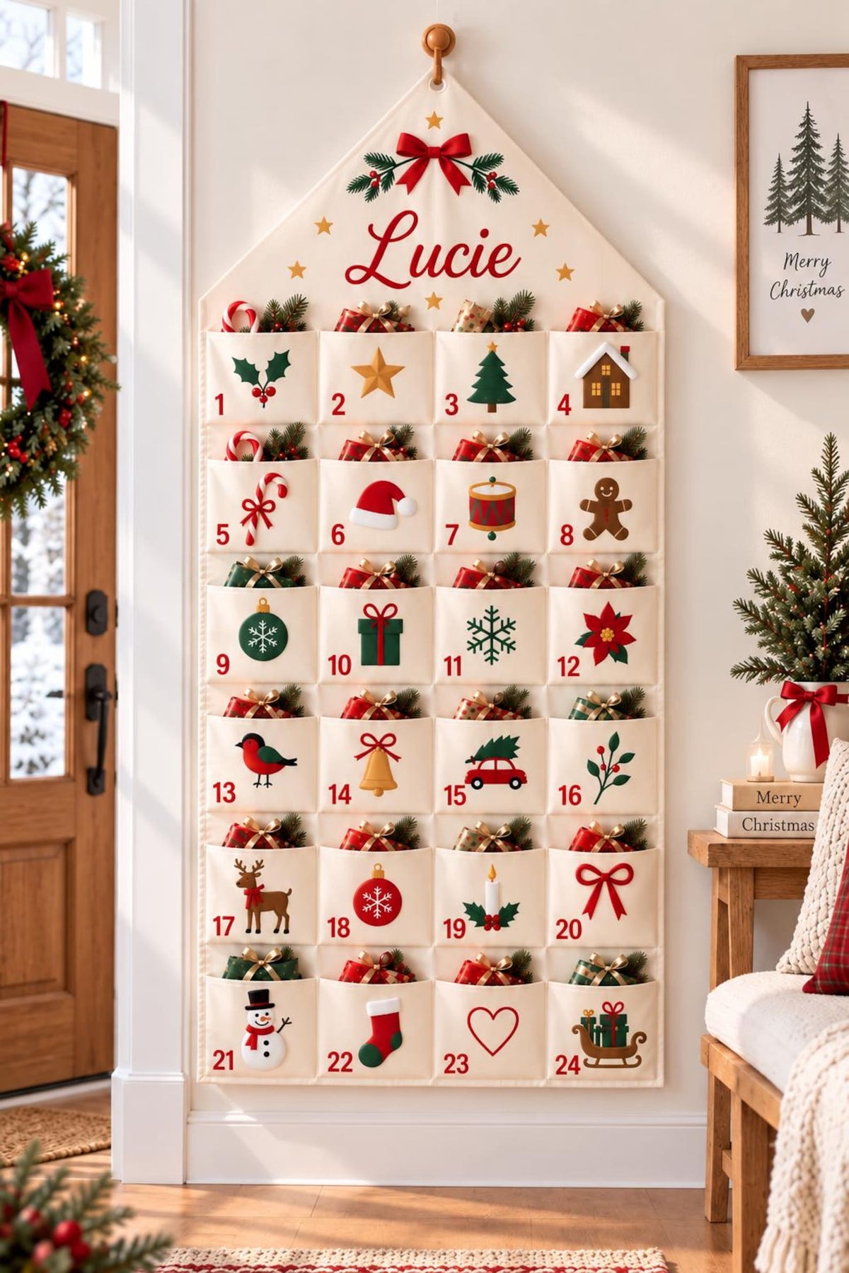 Custom Advent Calendar Christmas 2026, Kids Fabric Advent Calendar with Custom Name, 24 Pocket Christmas Countdown Reusable Wall Hanging