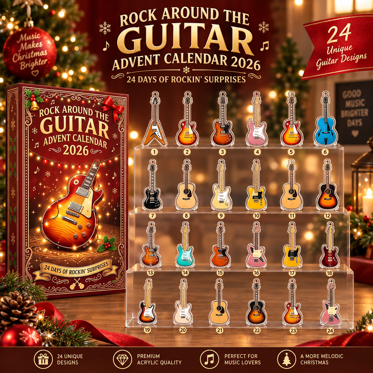 Guitar Advent Calendar 2026, 24 Days Christmas Countdown Box, Rock Music Guitar Ornaments Set, Musician Guitarist Gift