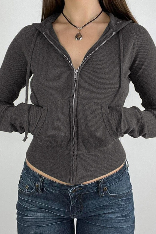 Fitted Curved Hem Zip Hoodie