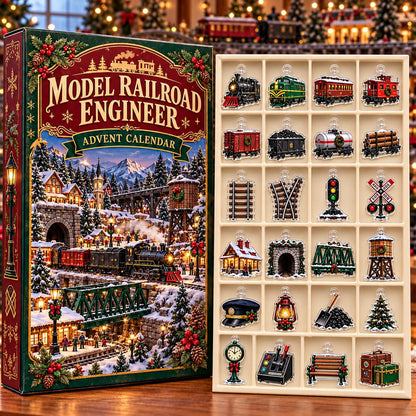 Model Railroad Advent Calendar, 24 Acrylic Train Ornaments, Railway Hobbyist Gift, Christmas Village Countdown Box, Custom Name Countdown
