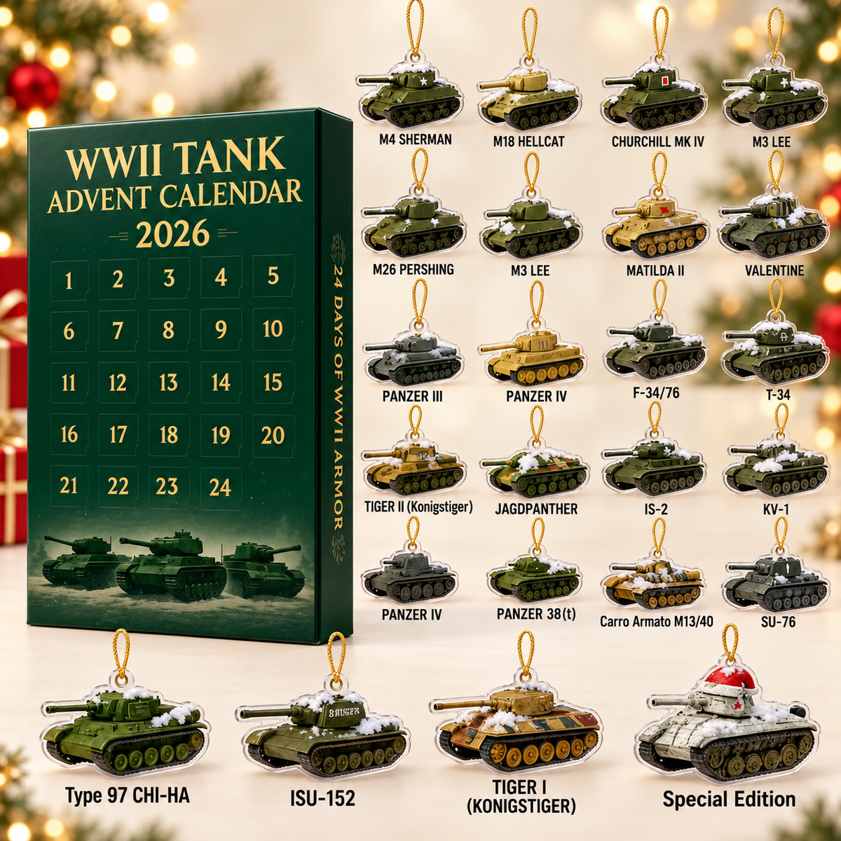 WWII Tank Advent Calendar 2026 – 24 Acrylic Tank Christmas Ornaments, Holiday Gift for Military History Lovers & Tank Enthusiasts