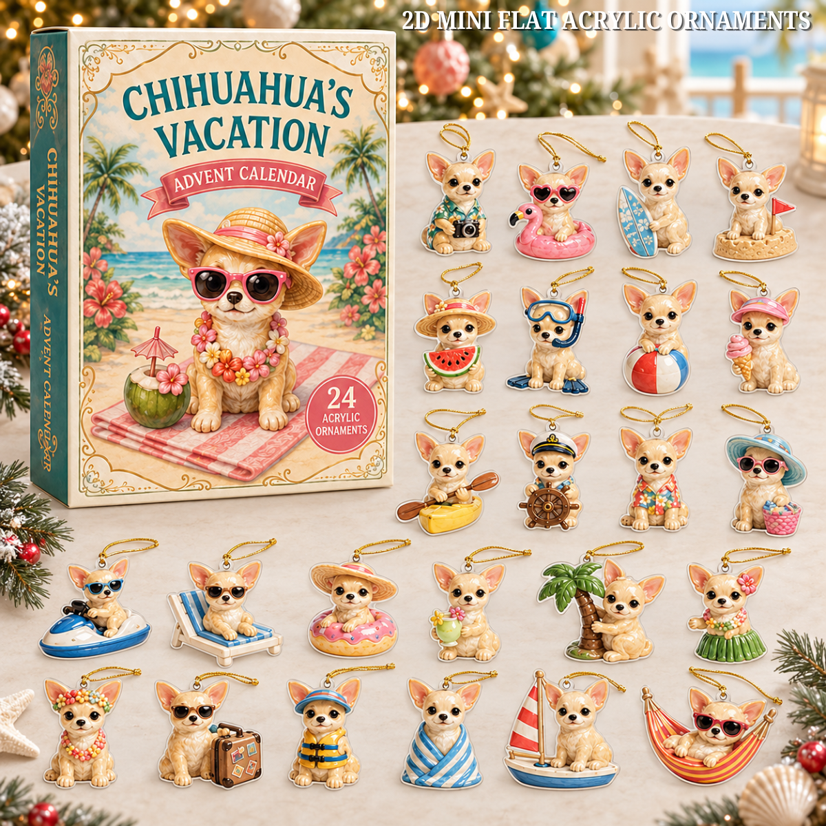 Chihuahua Beach Vacation Advent Calendar 2026 - 24-Day Festive Countdown, Acrylic Charms Blind Box - Gift For Dog Lovers