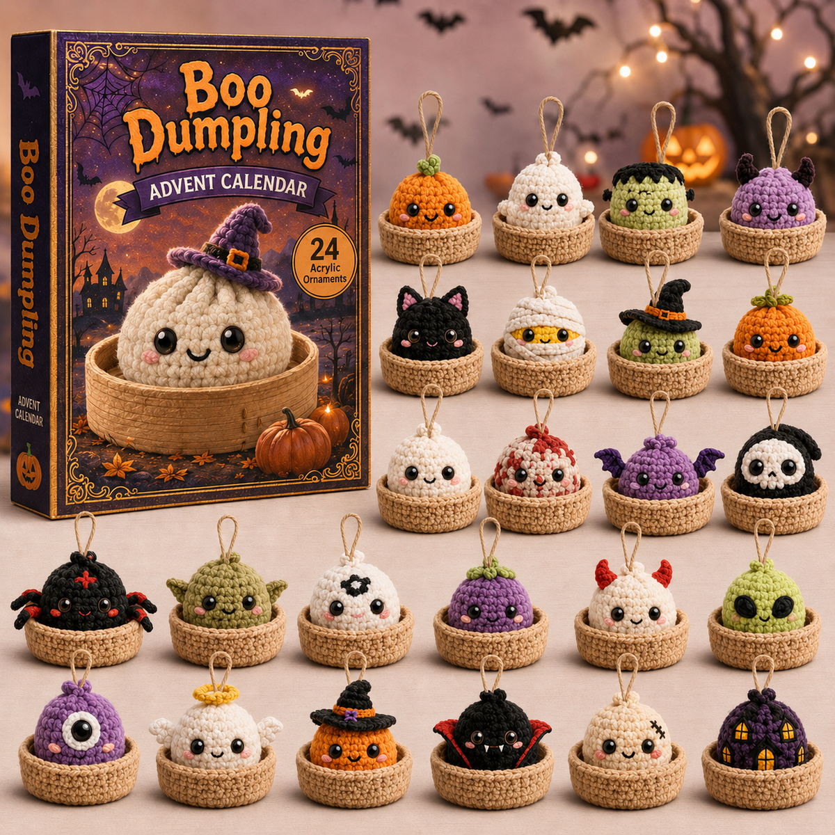 Boo Dumpling Halloween Advent Calendar 2026 - 24-Day Festive Countdown, Acrylic Charms Blind Box - Gift For Crochet Lovers