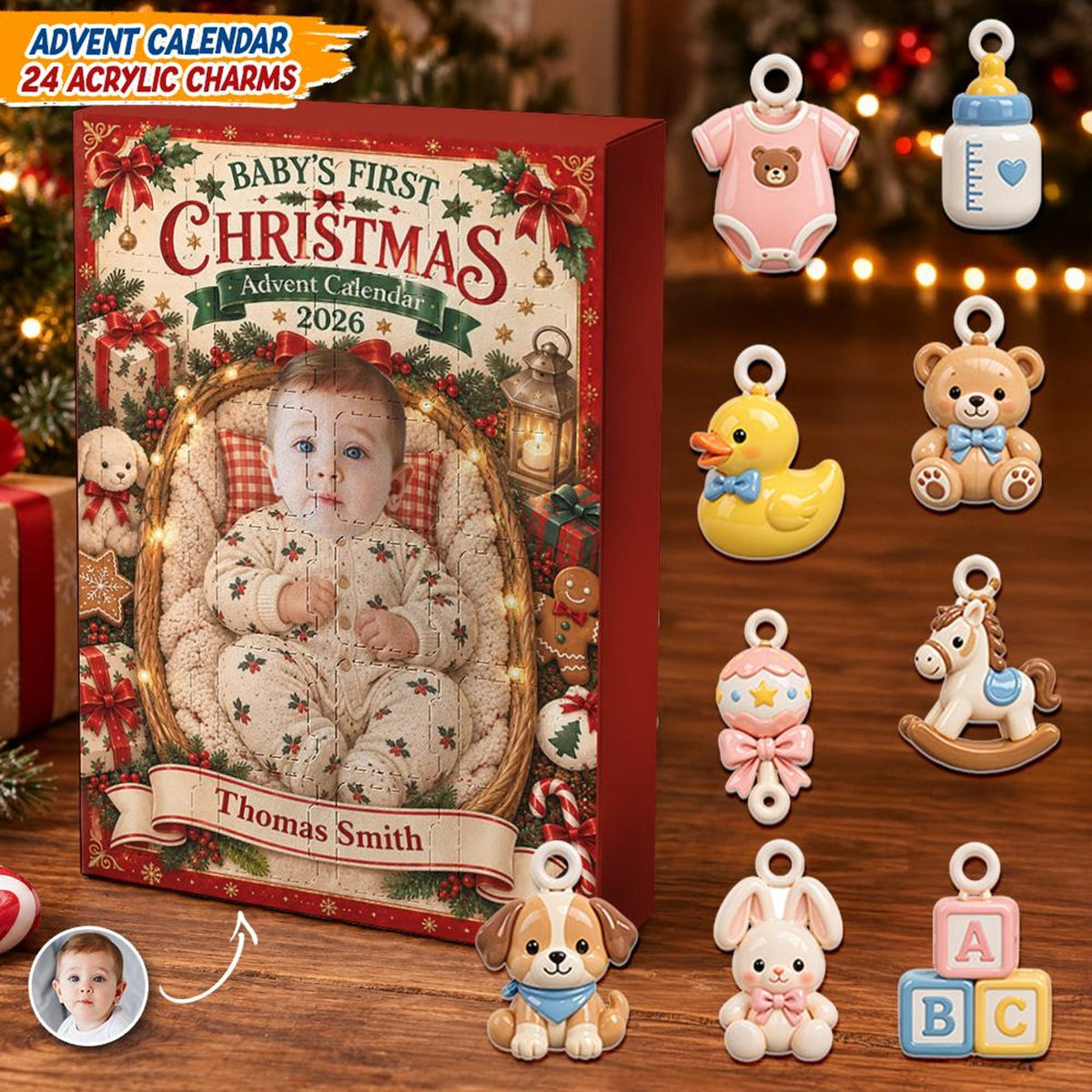 Baby First Christmas Advent Calendar, Personalized 24 Acrylic Charms, Custom Photo Keepsake, 2026 Countdown