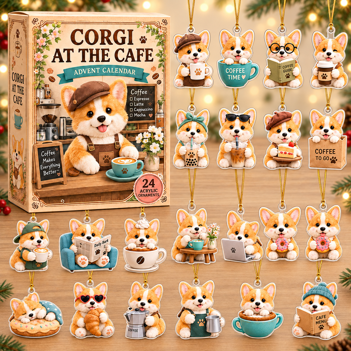Corgi At The Cafe Advent Calendar 2026 - 24-Day Festive Countdown, Acrylic Charms Blind Box - Gift For Corgi Lovers