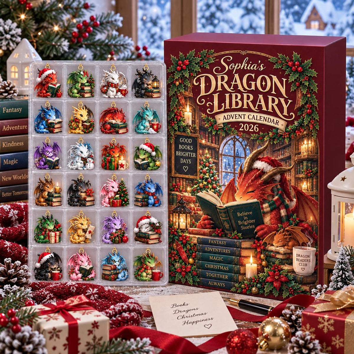 Dragon Library Advent Calendar, 24 Fantasy Ornament Countdown, Book Lover Christmas Gift, Holiday Decor, Gift 2026, Custom Name Keepsake