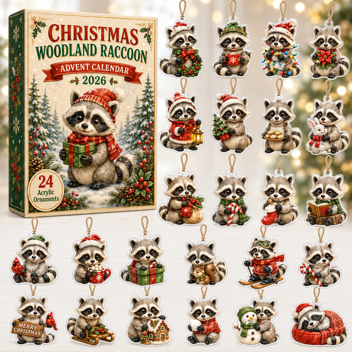 Christmas Woodland Raccoon Advent Calendar 2026 - 24-Day Festive Countdown, Acrylic Charms Blind Box - Gift For Woodland Lovers, Family & Friends