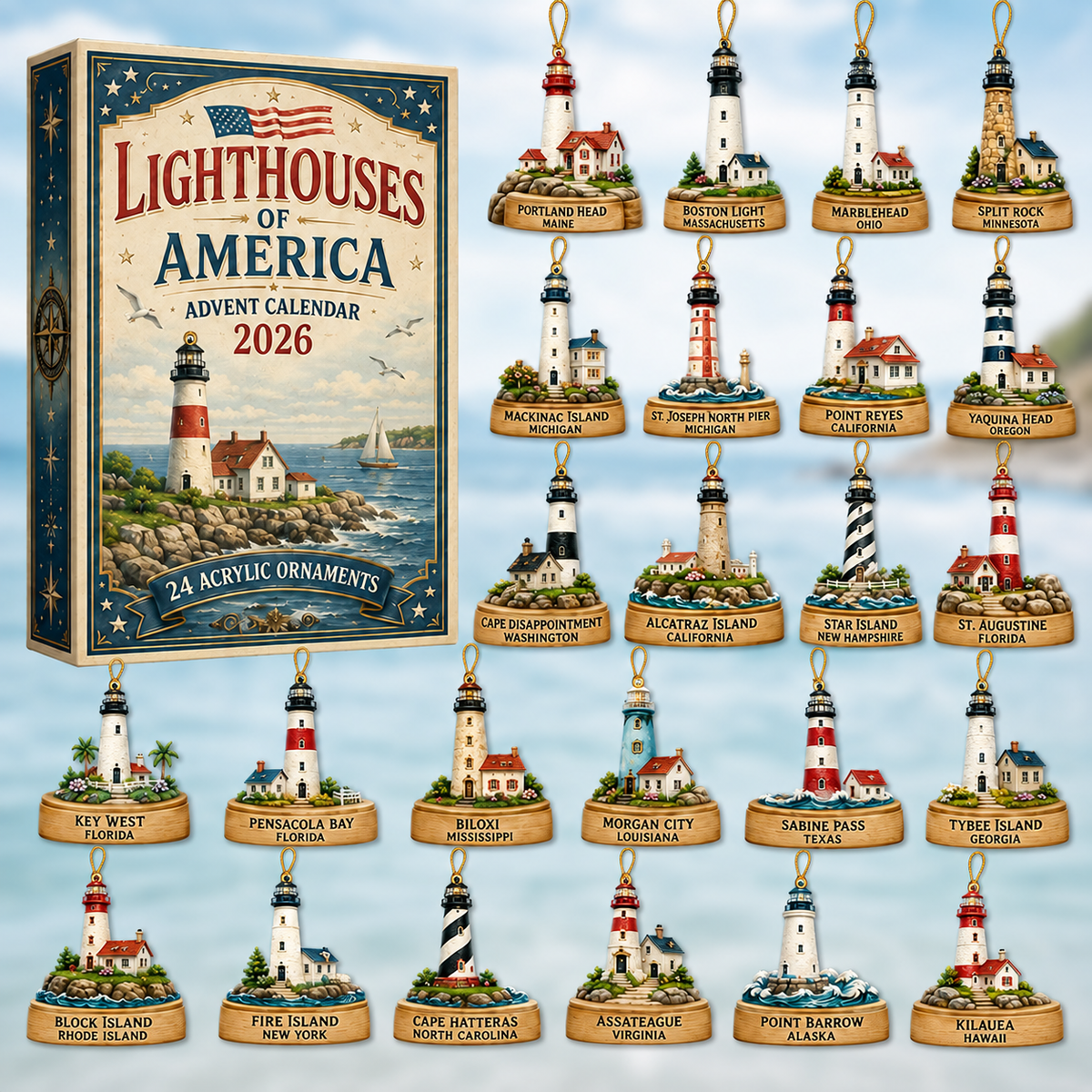 Lighthouses of America Advent Calendar 2026 - 24-Day Festive Countdown, Acrylic Charms Blind Box - Gift For Ocean Lovers, Family & Friends