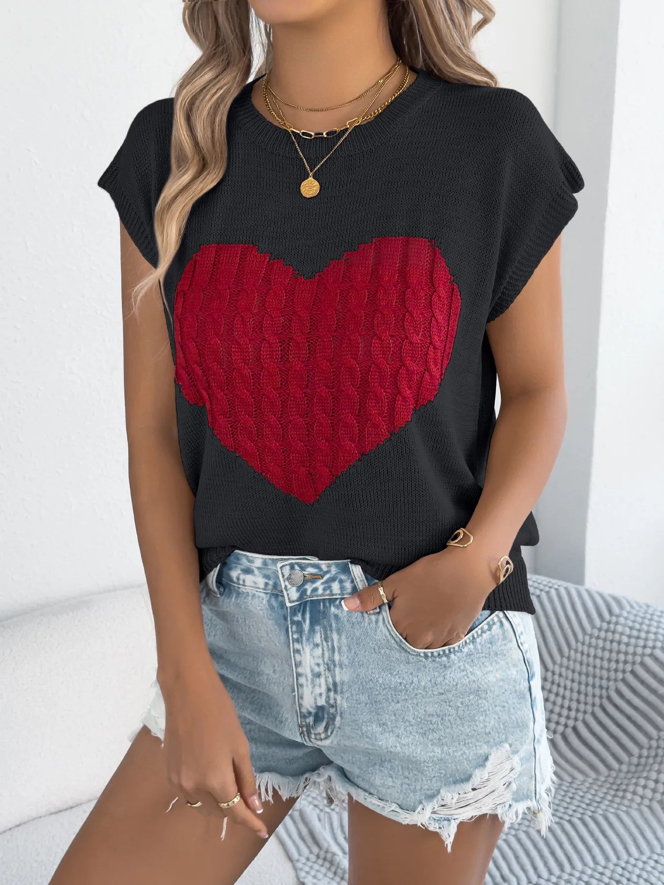 Color Block Heart Loose Knit Valentine's Sweater Top