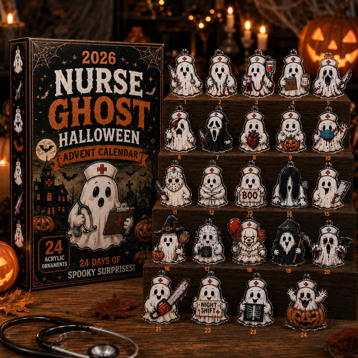 2026 Nurse Ghost Halloween Advent Calendar, 24 Spooky Surprise Acrylic Figurines, Medical Horror Collectible Holiday Gift