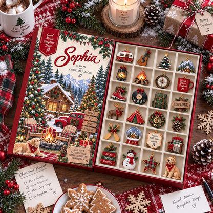 Personalized Christmas Camping Advent Calendar, 24 Day Ornament Set, Cozy Cabin Holiday Decor, Custom Name Gift 2026, Countdown Keepsake Set