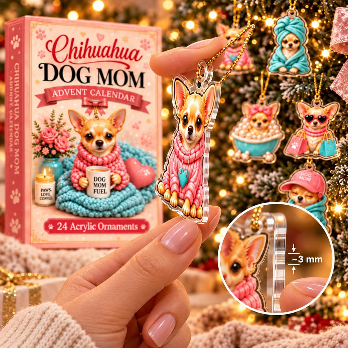 Chihuahua Dog Mom Advent Calendar 2026, 24 Acrylic Christmas Ornaments, Cute Dog Lover Countdown Gift, Chihuahua Mom Holiday Decor