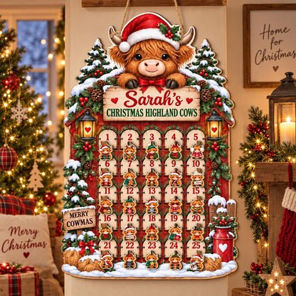 Personalized Highland Cow Wooden Advent Calendar: Custom Name, Hanging Ornaments