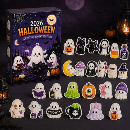 Halloween Countdown Calendar 2026, 24-Day Surprise Gift Box Containing a Mini Acrylic Flat Figure, Cute Ghost or Haunted House Set, 4 Styles