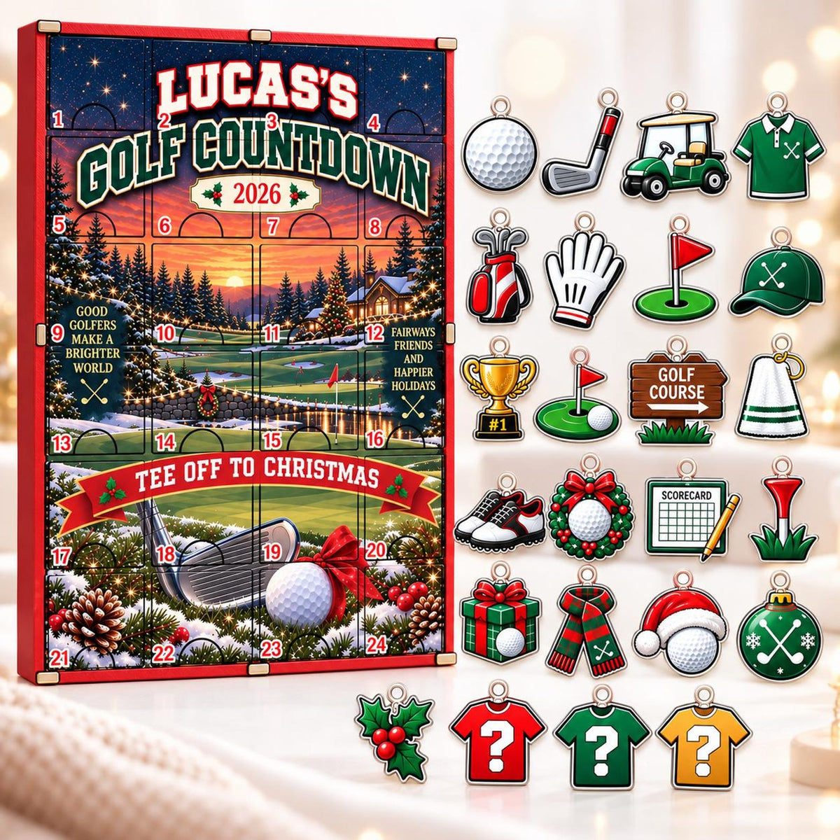 Personalized Golf Advent Calendar, Wooden Christmas Countdown with Acrylic Charms, Custom Golfer Gift, Golf Lover Christmas Gift