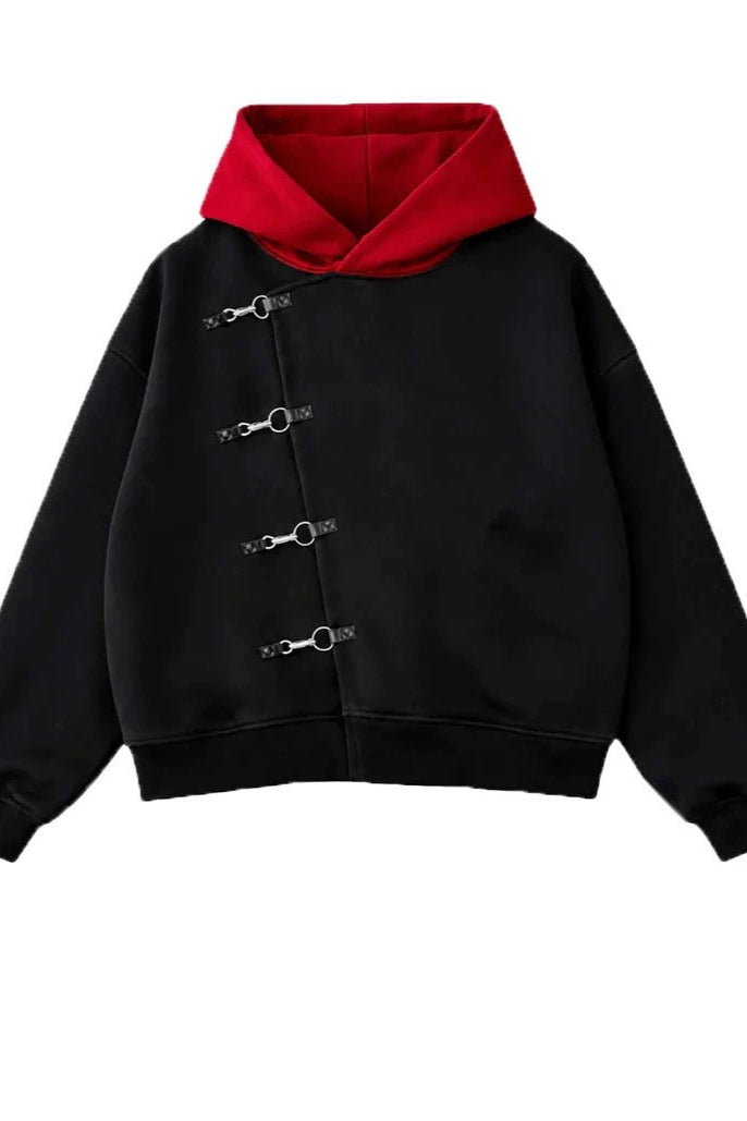 Contrast-Hood Hook-Closure Pullover Hoodie