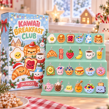 Kawaii Breakfast Advent Calendar with 24 Acrylic Charms, Cute Food 2D Christmas Ornaments, Mini Hanging Charm Set, Christmas Countdown Gift for Kids