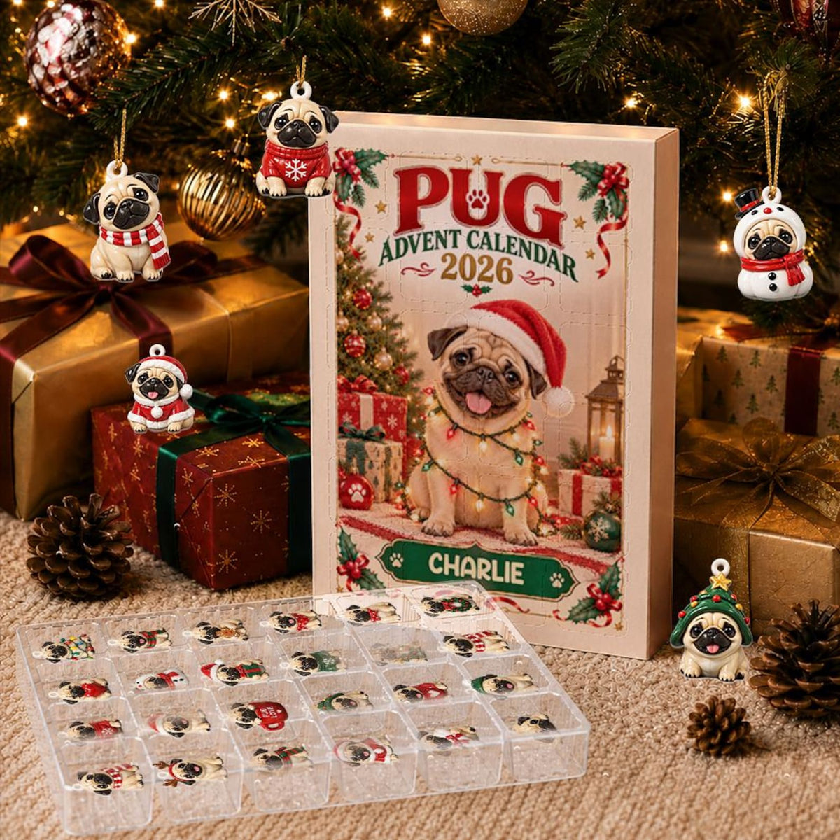 Custom Dog Name Pug Advent Calendar 2026, 24 Pcs Acrylic Dog Charms Christmas Countdown Present Box