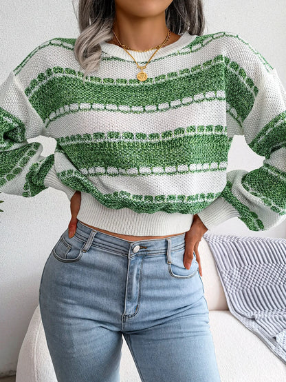 Fashion Color Block Long Sleeve Cropped Knit Sweater