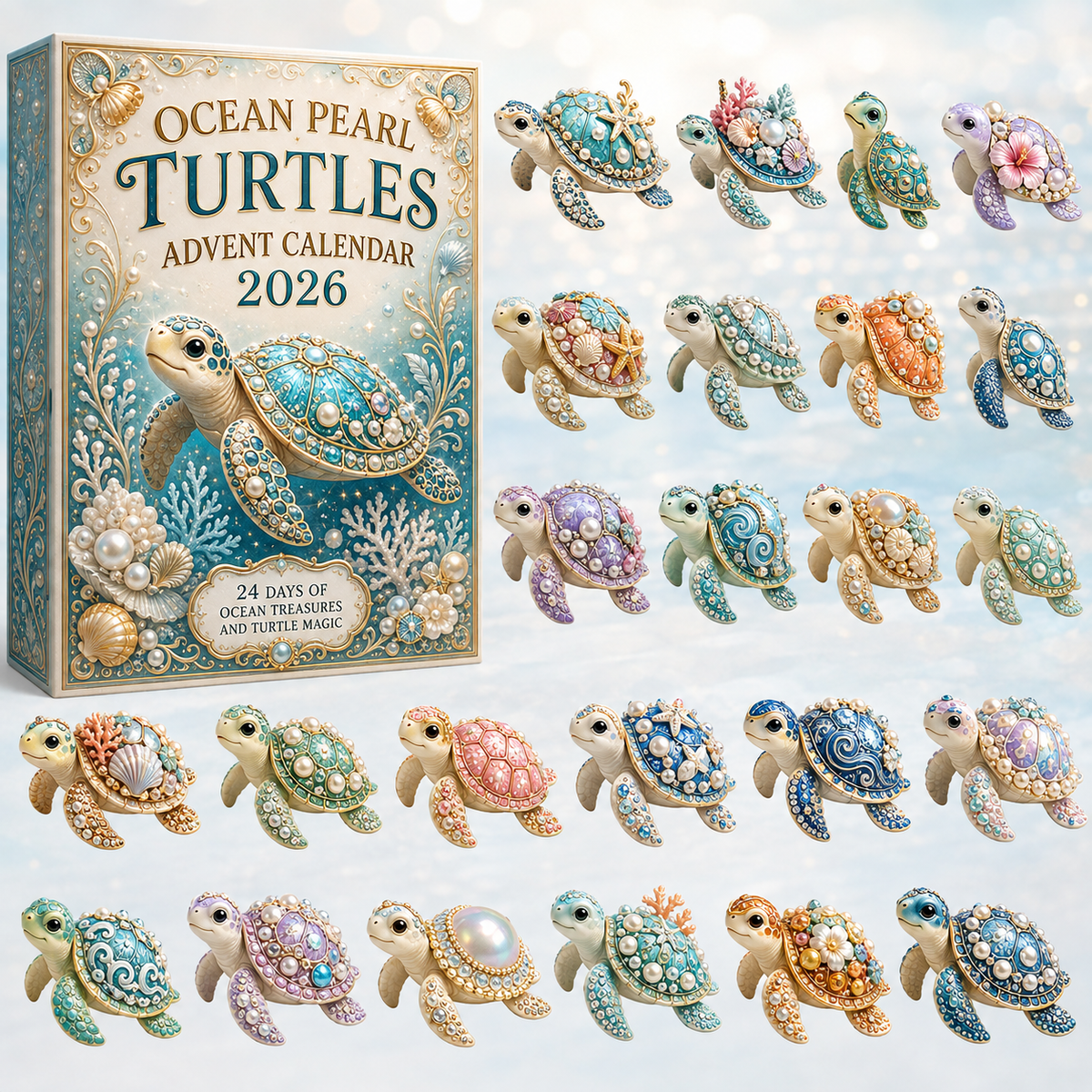 Pearl Sea Turtle Voyage Advent Calendar 2026 - 24-Day Festive Countdown, Acrylic Charms Blind Box - Gift For Turtle Lovers