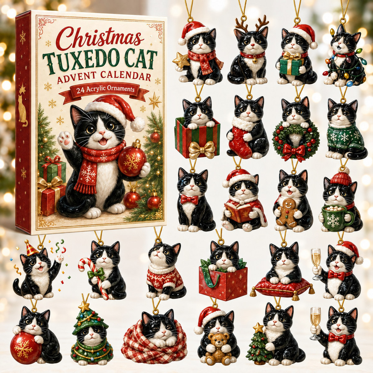 Christmas Tuxedo Cat Advent Calendar 2026 - 24-Day Festive Countdown, Acrylic Charms Blind Box - Gift For Cat Lovers
