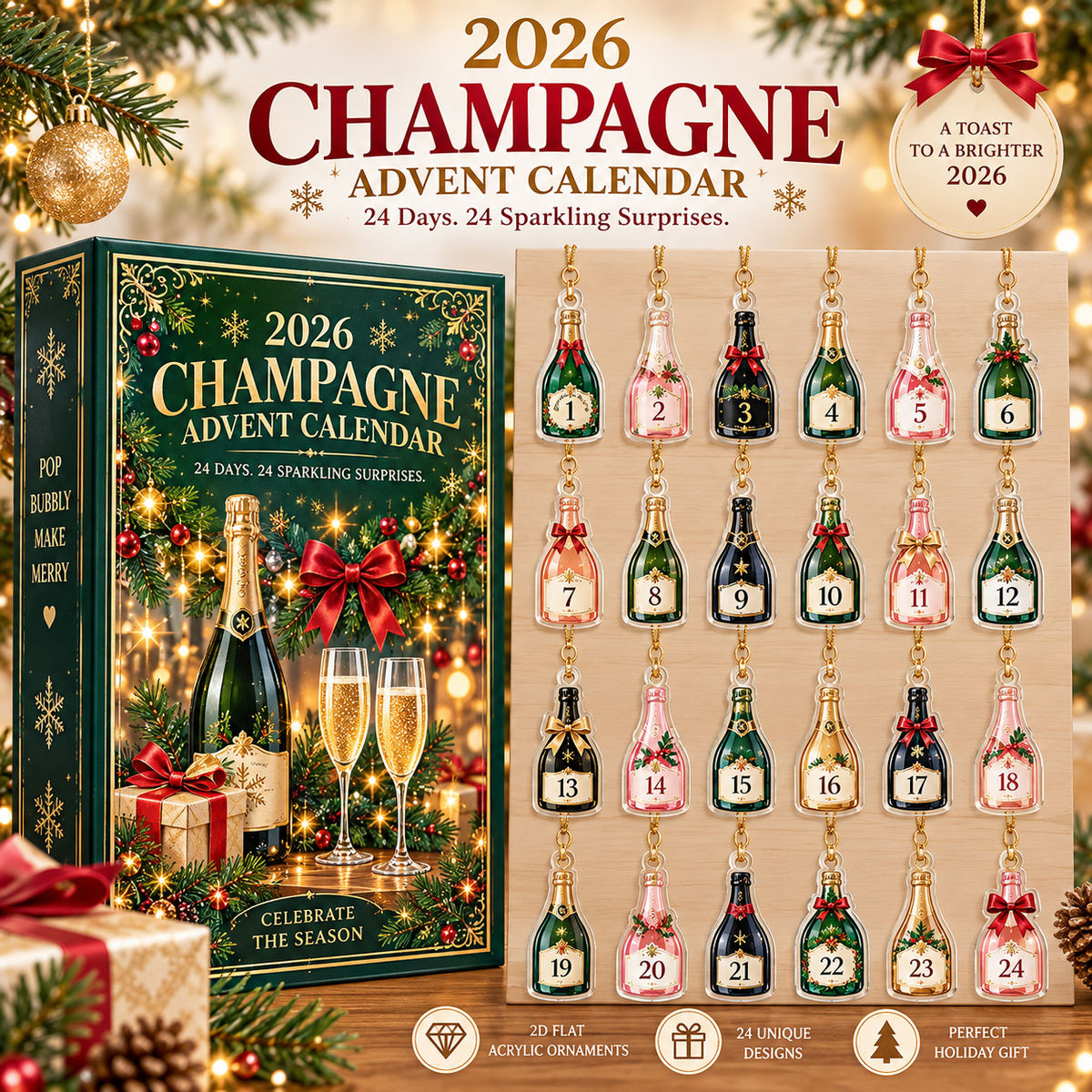 2026 Champagne Advent Calendar, 24 Days of Sparkling Surprises, Holiday Countdown Box, Luxury Wine Gift Set for Celebration