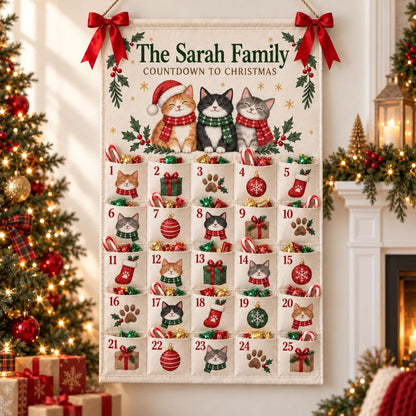 Personalized Cat Advent Calendar, Canvas Christmas Countdown with 25 Pockets, Custom Family Name Wall Hanging, Reusable Christmas Home Decor