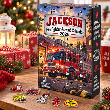 Personalized Firefighter Advent Calendar 2026, Custom Firefighter Blind Box, 24 Day Christmas Countdown with Firefighter Ornament Set